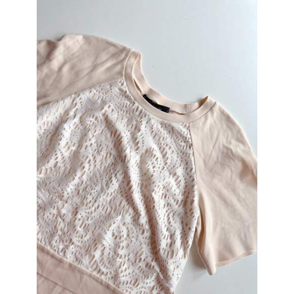 NWT ROBERT RODRIGUEZ Beige White Lace Overlay Cotton Blend Raglan Top, Size 2 - Picture 6 of 14
